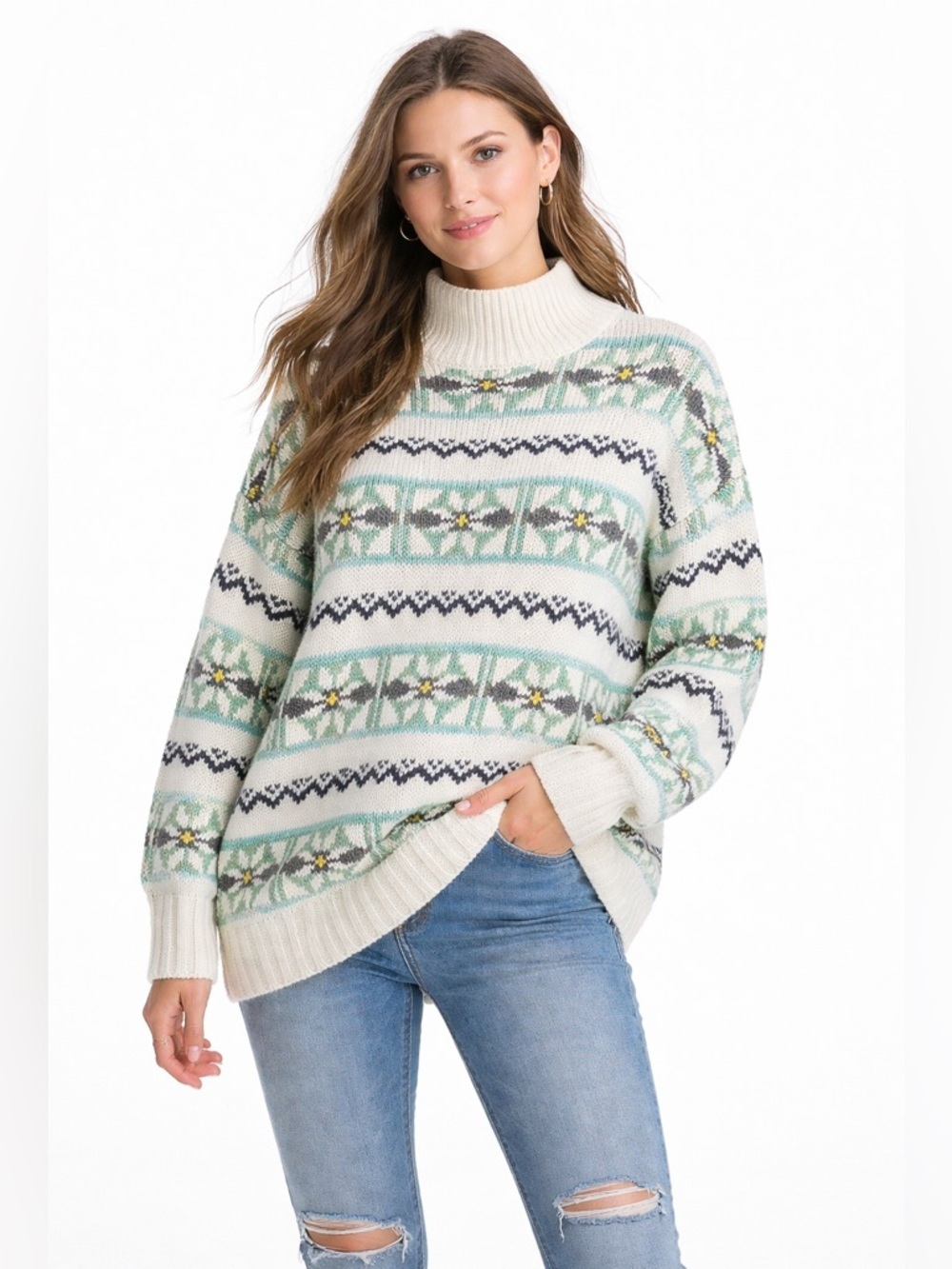 American Eagle Oversized FairIsle Mock Neck Sweater Cream Green Size XS Winter